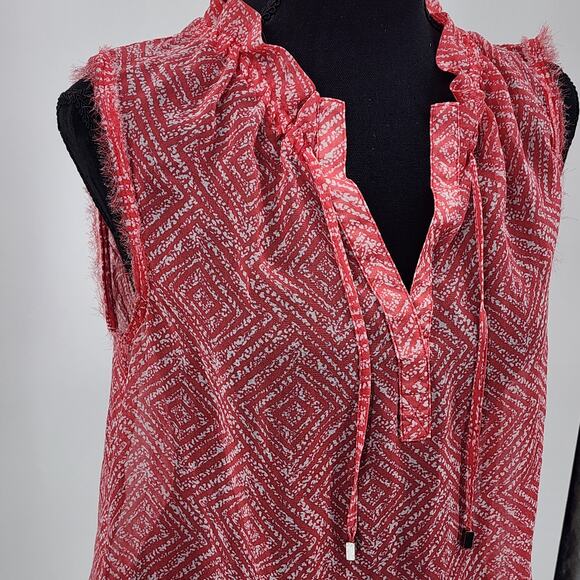 Guess Pink White Sheer Blouse Ruffle Tie V-Neck Elastic Smocked Waist Size S - Picture 2 of 7